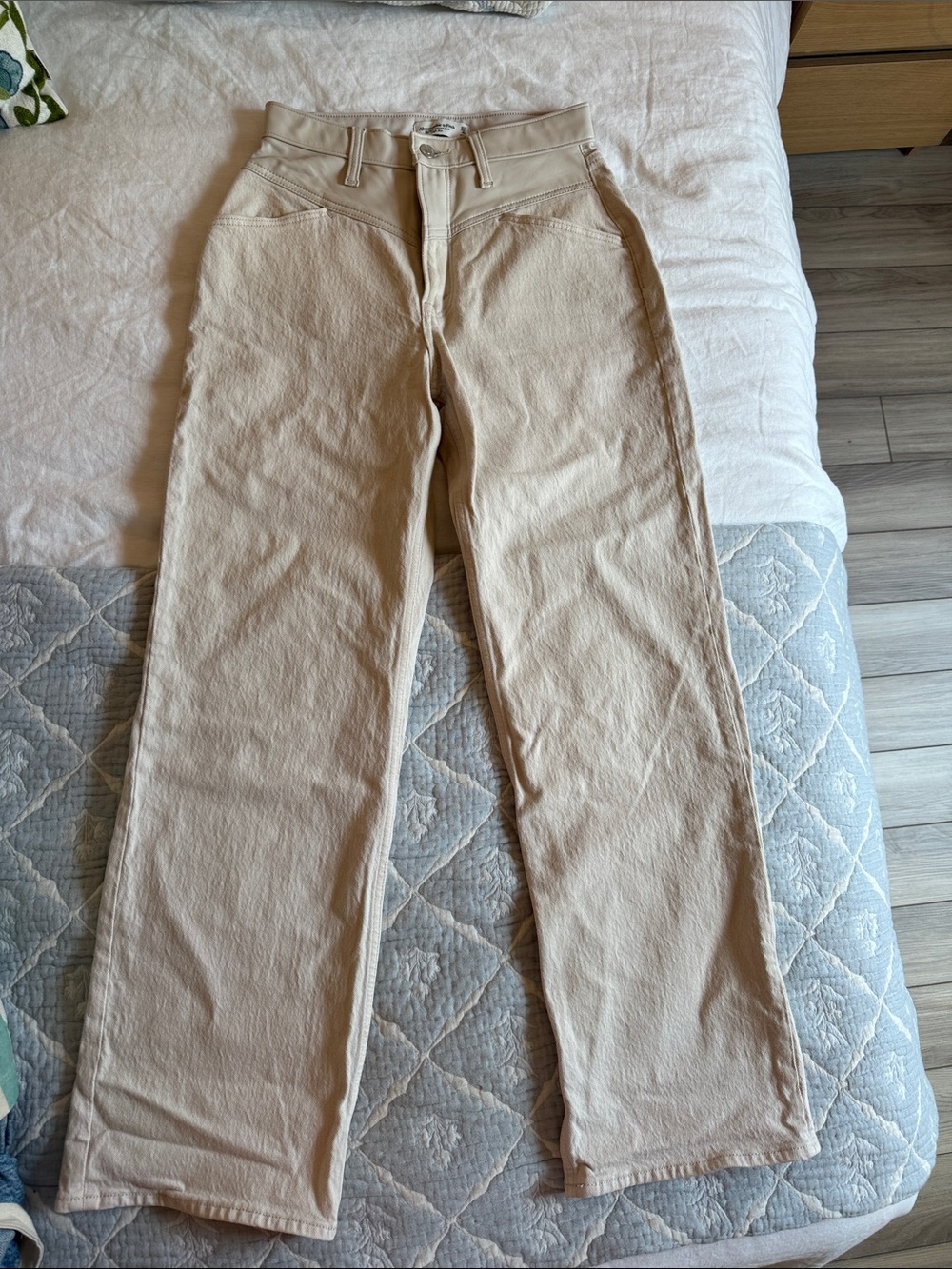 High-Rise Straight Leg Women’s Jeans Denim/leather — Cream - Picture 1 of 3